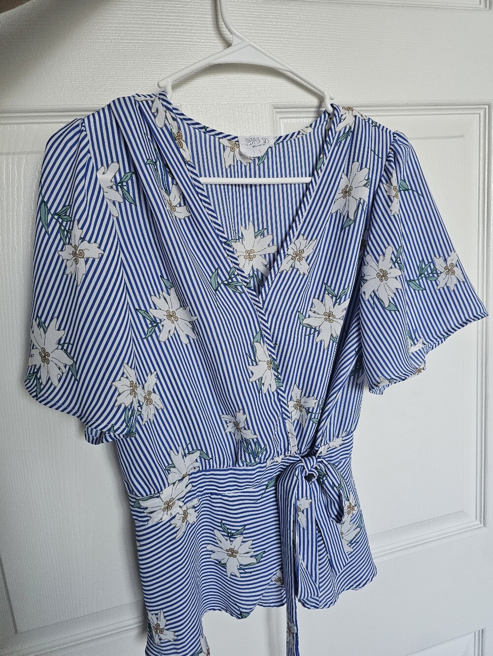 Sienna Sky Blue Striped Floral Wrap Top with Tie